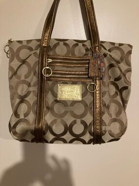 Coach Brown Signature Canvas Tote with Gold Accents
